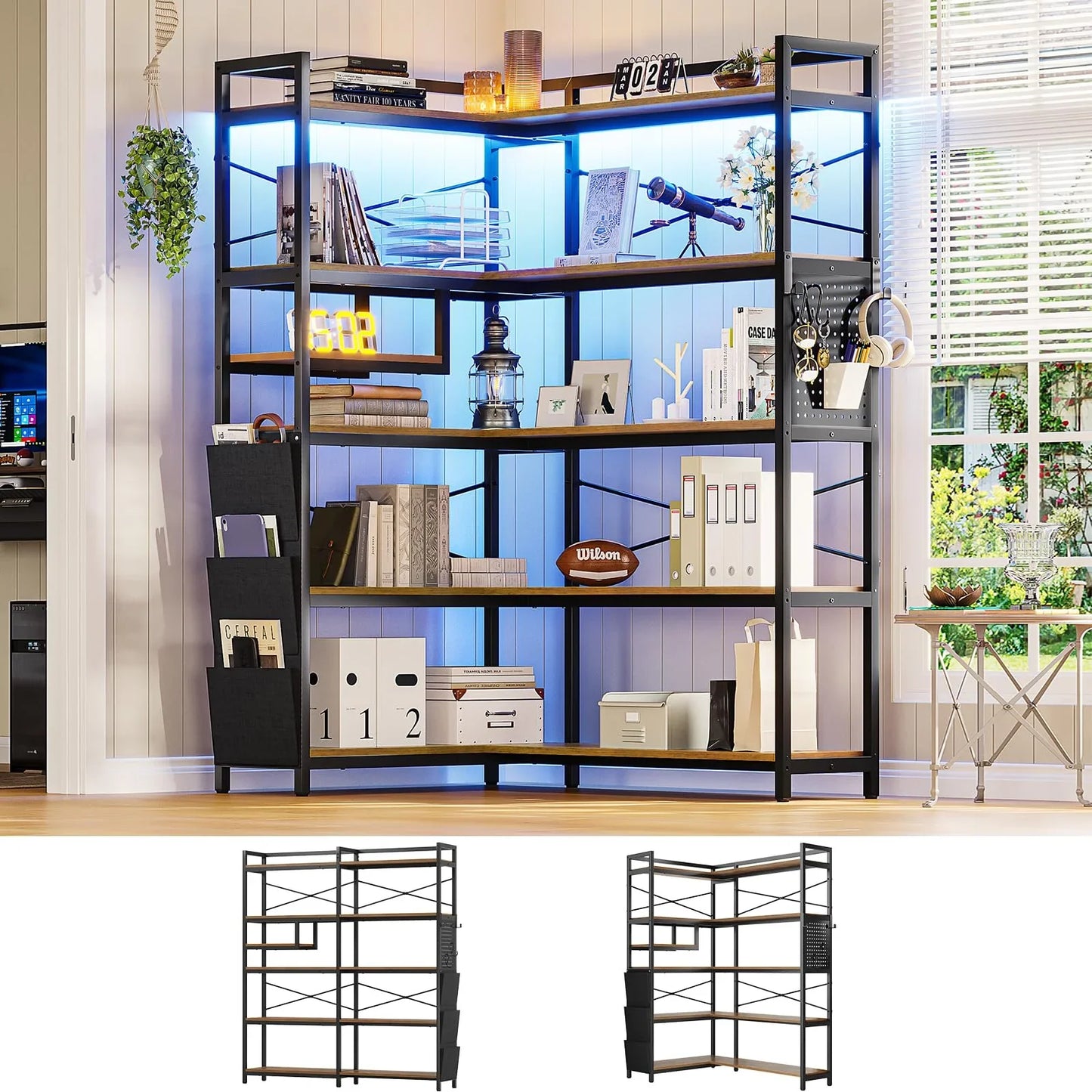 5-Tier Corner Bookshelf, Convertible Book Shelf with Storage or Bookcase