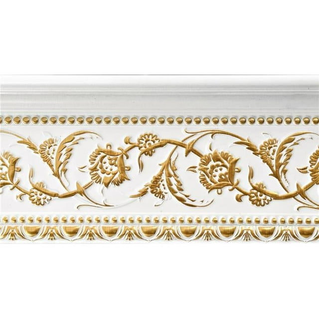 94 in. Gold Floral on French White Crown Molding, White & Gold