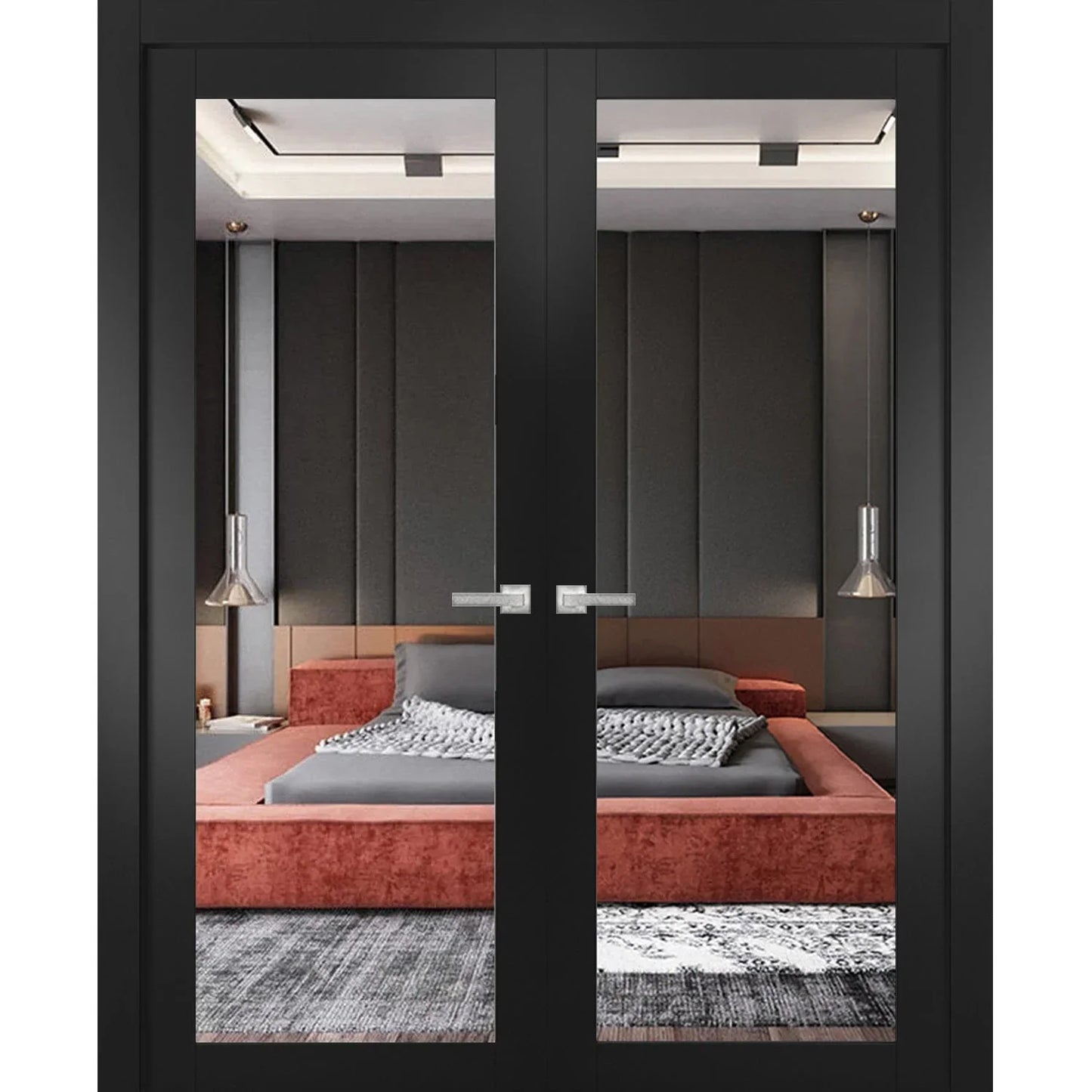 Solid Interior French Double Doors 48 x 96 inches | Lucia 1299 Matte Black with Mirror