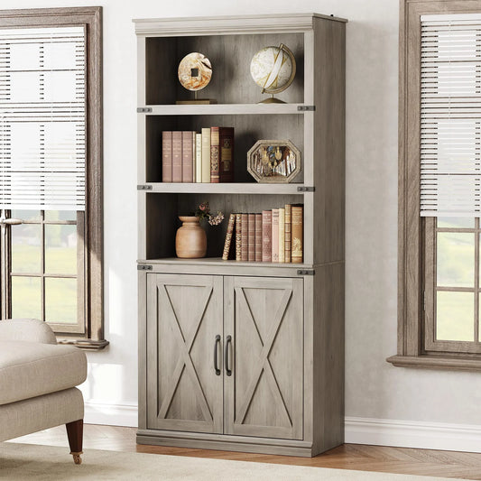 Huisuilinss 5 Tier Bookshelf And Bookcase With Cabinet,Tall Wood Bookshelves
