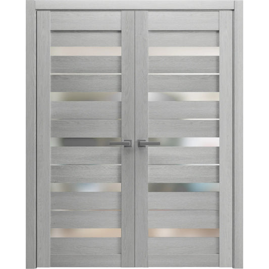 Solid French Double Doors 60 x 80 inches | Quadro 4445 Light Grey Oak with Frosted Glass
