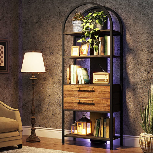 Tribesigns 4-Tier Bookshelf with 2 Drawers, Industrial Arched Bookcase with LED Light